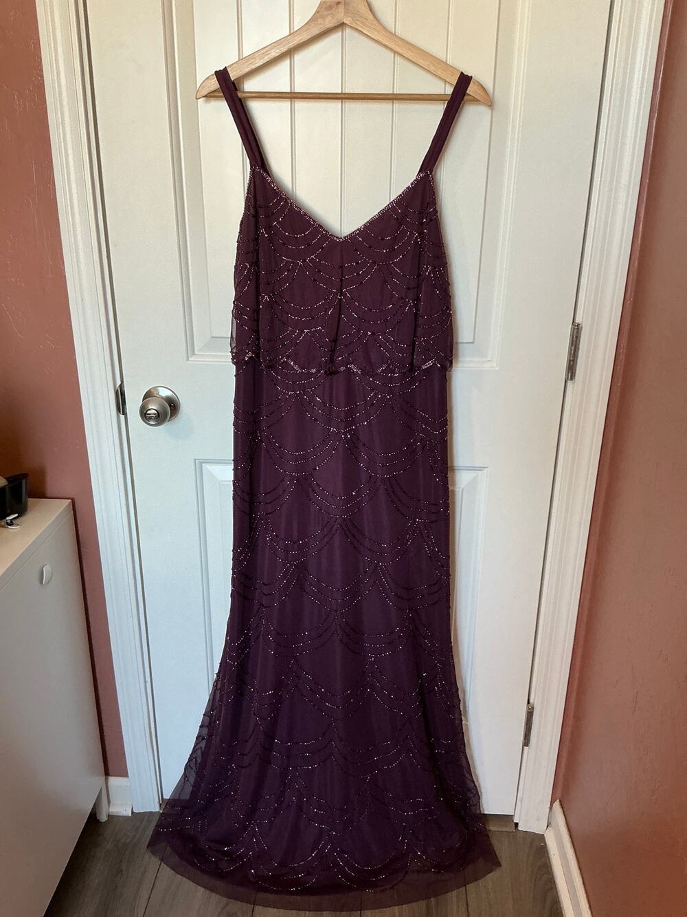 Adrianna Papell Platinum Cassis Beaded Sleeveless Maxi Gown W10 Burgundy